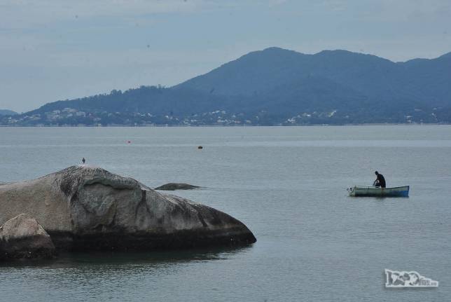 Pescador no mar tranquilo em frente a Av. Beira-mar norte, em Florianópolis, Santa Catarina